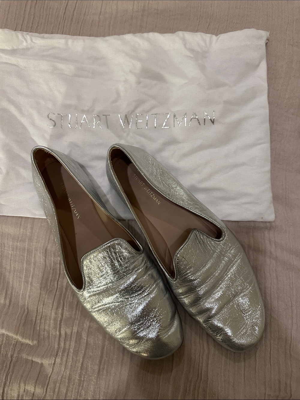 Stuart Weitzman Silver Metallic Leather Slip-Ons